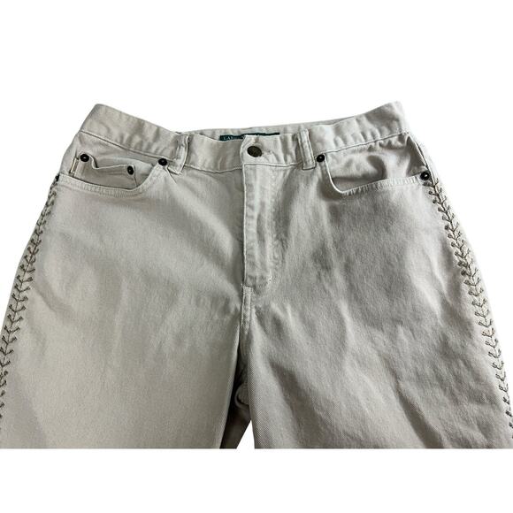 Lauren Jeans Co. Ralph Lauren Side Seam Stitch Denim Jeans Beige Sz 10 Bootcut - Picture 2 of 9